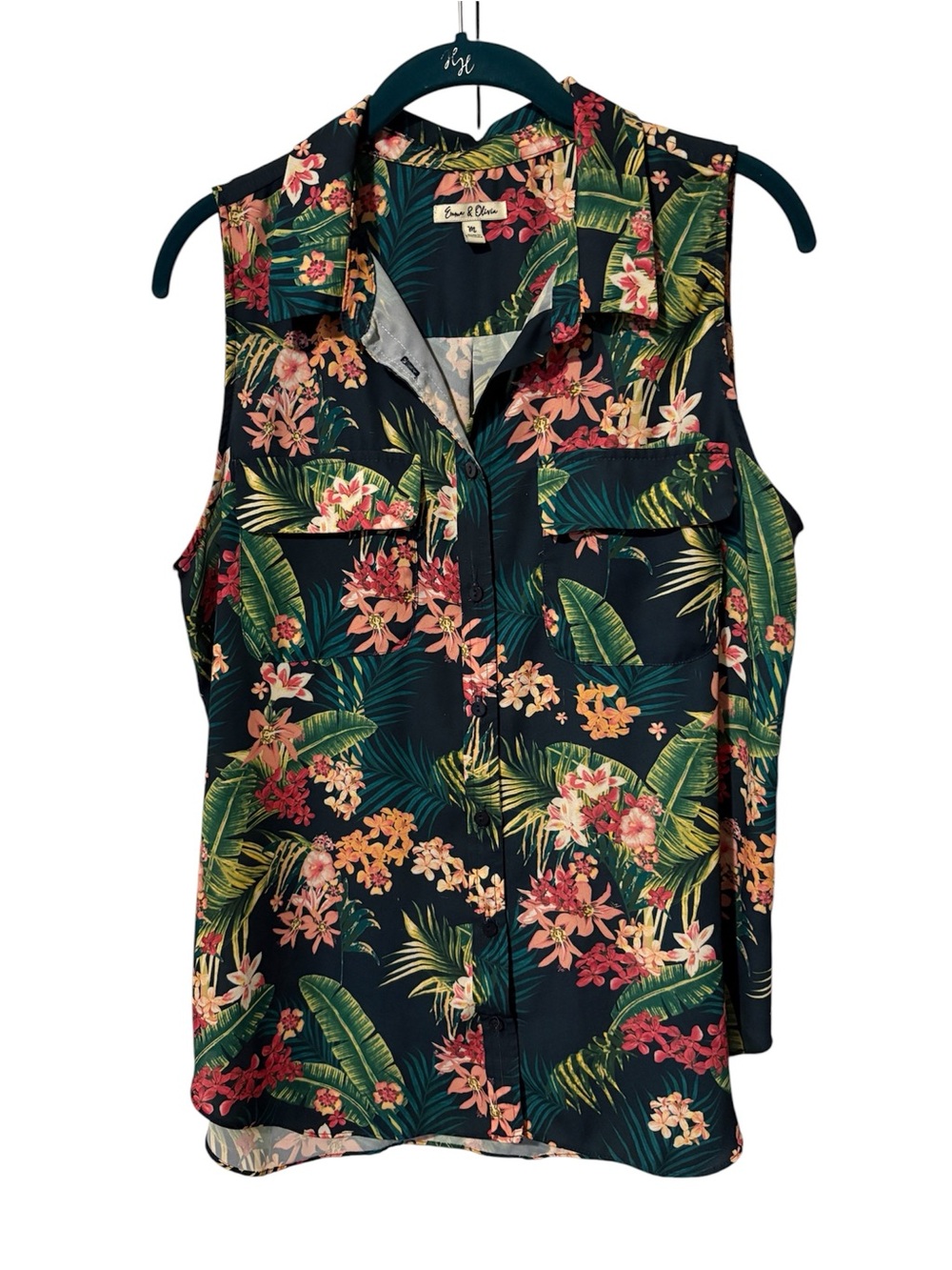 Emma & Olivia Tropical Floral Sleeveless Blouse-NavyBase w/Green & Coral Print